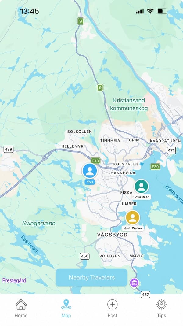 Global Connect — live map of travelers around you