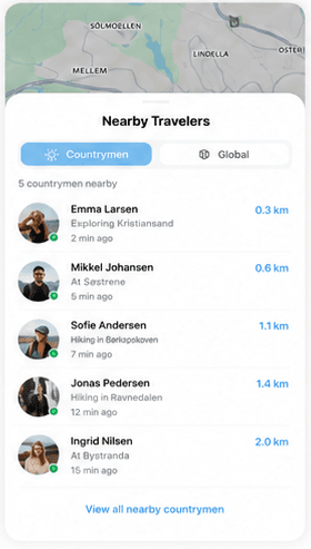Global Connect — Countrymen mode showing nearby travelers