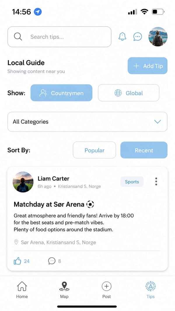Global Connect — local tips feed with community recommendations